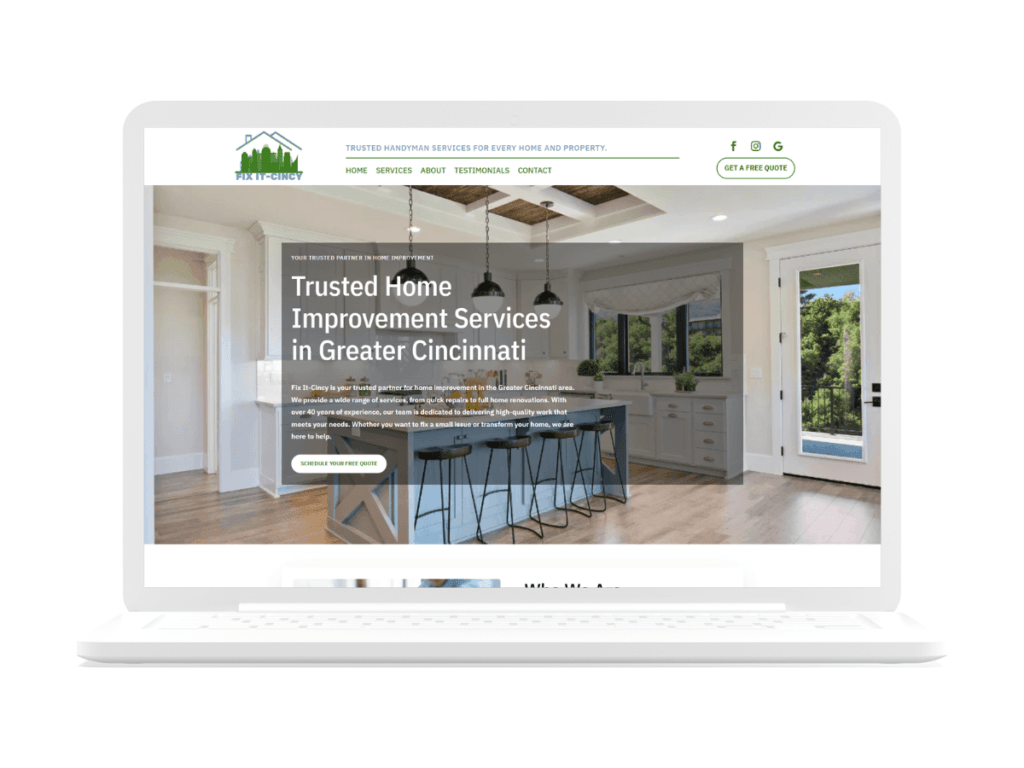 website design specialists cincinnati Fix It Cincy’s website with dedicated service pages for home renovations, handyman services, and window installations.