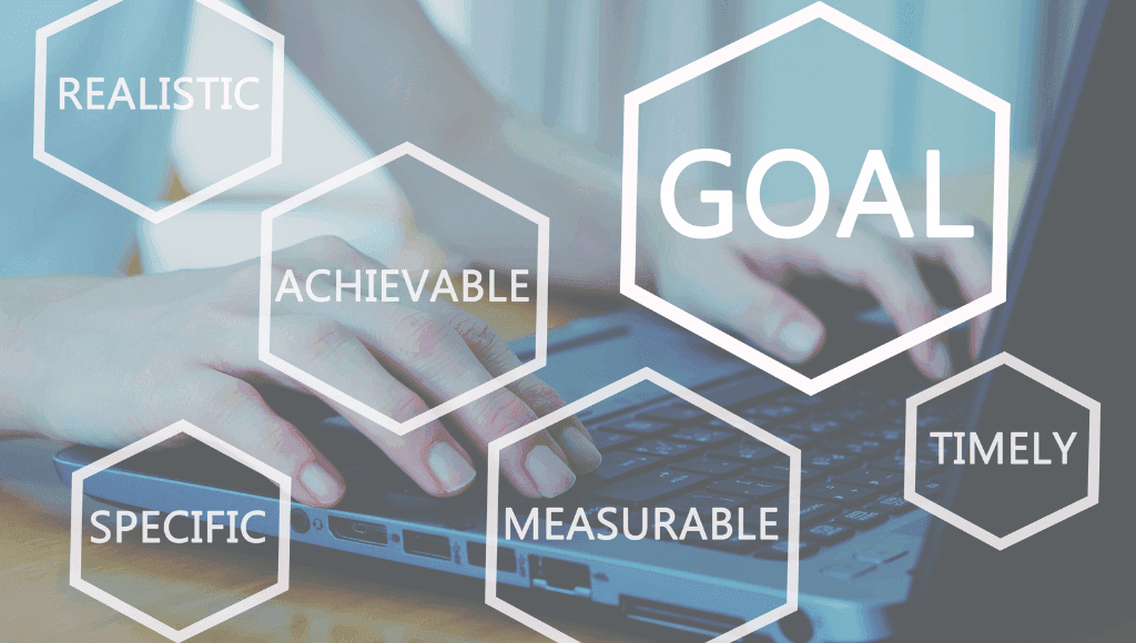 Detailed checklist of SMART goals for web design on a digital tablet, including specific, measurable, achievable, relevant, and time-bound criteria.