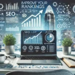 Laptop with SEO analytics on screen sits on desk, surrounded by plants, notebook, and cityscape with SEO graphics overlay.