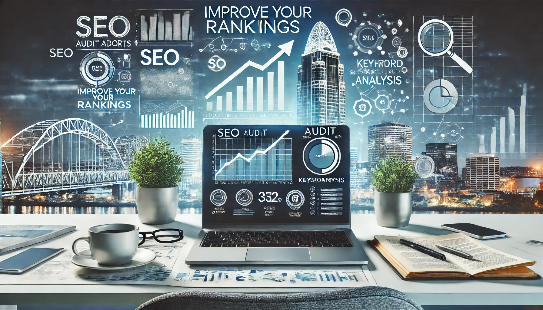 Laptop with SEO analytics on screen sits on desk, surrounded by plants, notebook, and cityscape with SEO graphics overlay.