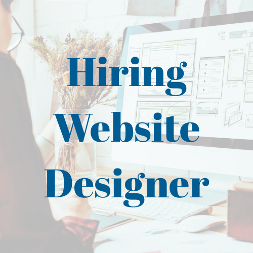 Person working at a computer with Hiring Website Designer text over a website design interface on the screen. Person working at a computer with Hiring Website Designer text over a website design interface on the screen.
