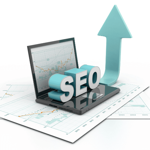 14 A laptop with SEO text, charts, and an upward arrow symbolizing SEO growth and analytics.