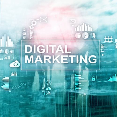 15 Digital Marketing text with business icons and graphs overlaying a blue-toned cityscape background.