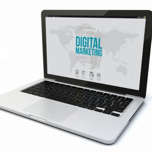 16 Open laptop displaying Digital Marketing text with a world map and related icons on its screen.