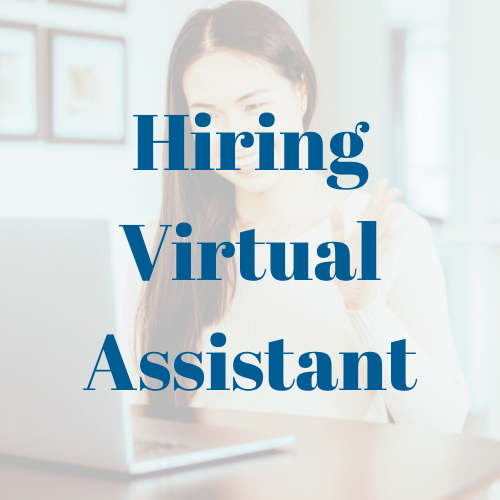 Smiling woman at a desk with a laptop, overlaid text reads: Hiring Virtual Assistant. Smiling woman at a desk with a laptop, overlaid text reads: Hiring Virtual Assistant.