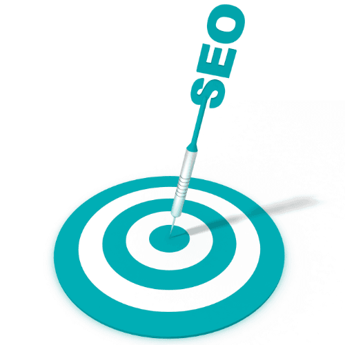 23 A dart labeled SEO hitting the bullseye of a turquoise target on a white background.