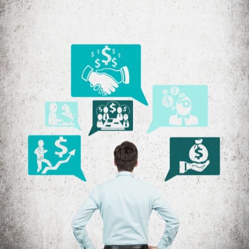 25 A man looks at business-themed icons in speech bubbles, including money, handshake, and growth symbols.