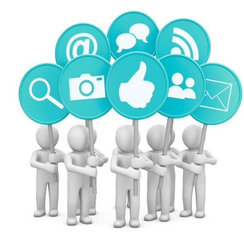 3D figures holding signs with icons for social media, communication, search, and networking on blue circles.