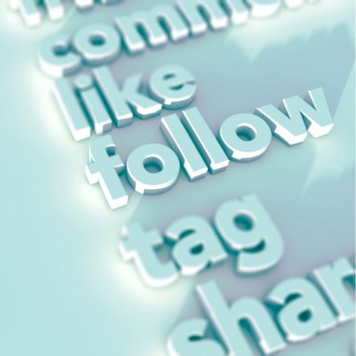 3D words comment, like, follow, tag, share in bold white letters on a light blue background.