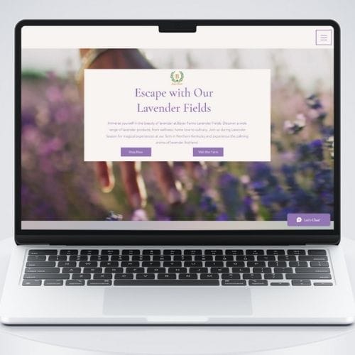 Bayer Farms Lavender Fields Portfolio PC A laptop displays a website with a lavender field background and text promoting lavender fields and products.