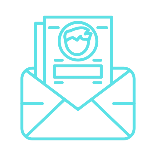 Line drawing of an open envelope holding a document with a globe icon, perfect for marketing or SEO materials.