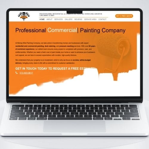 Bishop Elite Painting Portfolio PC Laptop displaying a website for a professional commercial painting company with an orange and white theme.