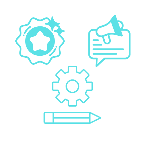 Brand Strategy Messaging Development Blue icons of a badge, megaphone with speech bubble, pencil, and gear, representing achievement and communication.