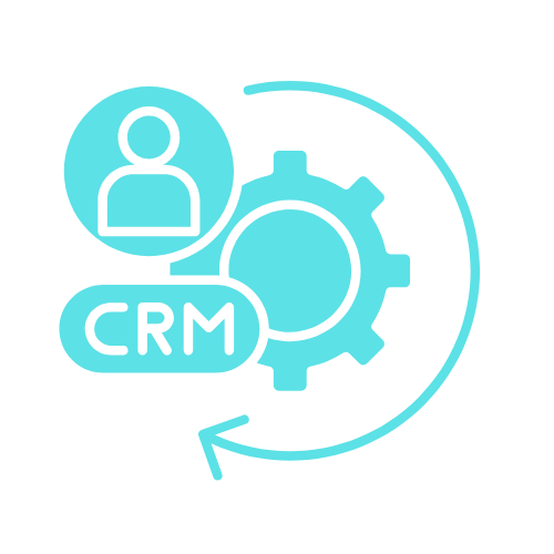 Business Automation CRM Systems Blue CRM icon with a user figure, gear, and circular arrows, representing customer relationship management.