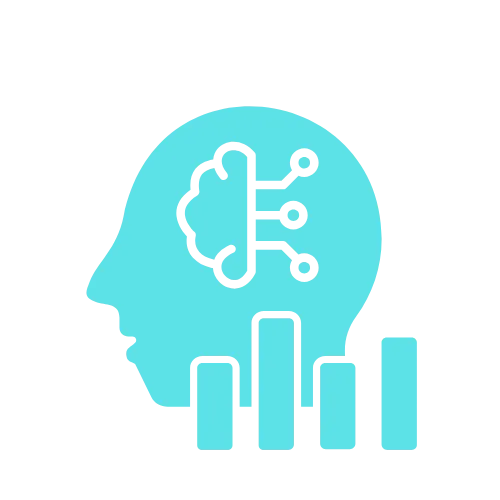 Blue silhouette of a human head with a brain circuit and bar graph, symbolizing AI, website marketing, and data analysis.