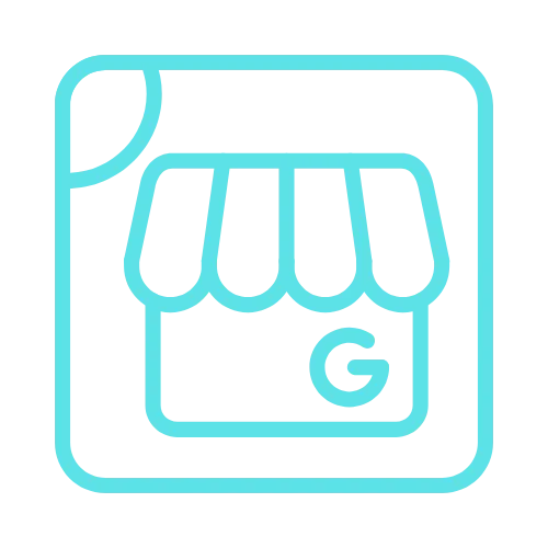 Light blue icon of a small storefront with a G, symbolizing digital marketing, inside a rounded square with curled corner.
