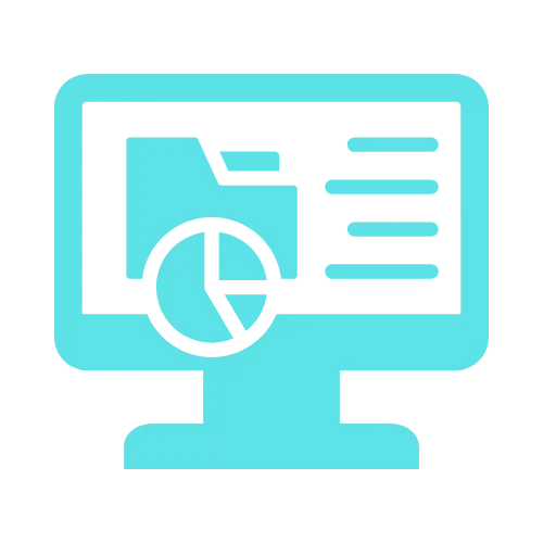 Blue computer monitor icon displaying a folder, pie chart, and lines, symbolizing SEO or file analysis.