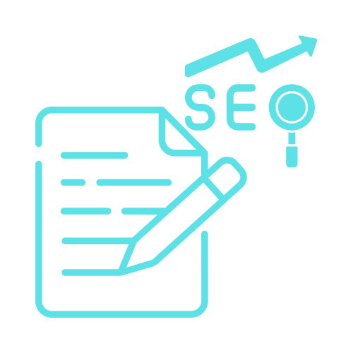 Content Marketing SEO Blog Writing A pencil and paper icon with SEO text and a magnifying glass with an upwards arrow.