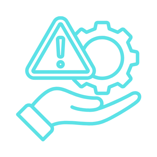 Outline of a hand holding a gear and warning sign, symbolizing risk management in marketing or website operations.