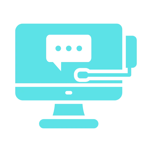 Light blue icon of a computer monitor with a chat bubble and robotic arm, symbolizing seo, on a light gray background.