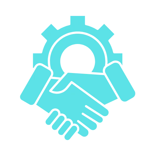Two hands shaking in front of a gear, symbolizing partnership and collaboration in digital marketing.