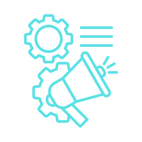 Light blue line art of gears, a megaphone, and lines, symbolizing social media on a light gray background.