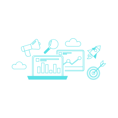 Digital Marketing Strategy for Small Business Line art of a laptop with charts, a magnifying glass, megaphone, rocket, target, and clouds around it.