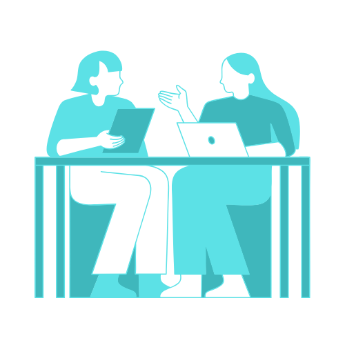 Digital Marketing Training Consulting Two people sitting at a table, one holding a tablet and the other using a laptop, having a discussion.