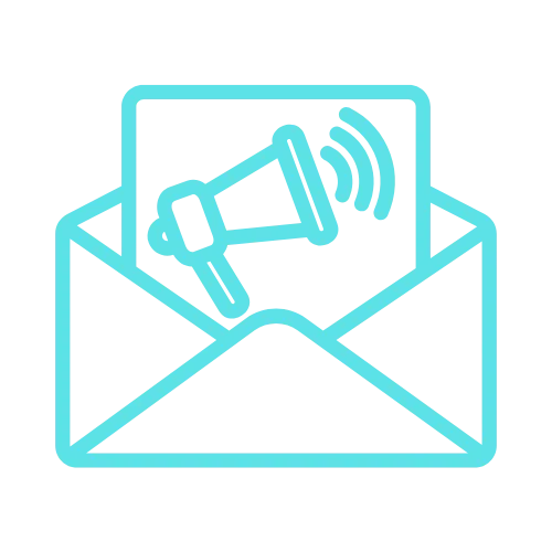 Blue line icon of an open envelope with a megaphone, perfect for website seo or search engine optimization announcements.