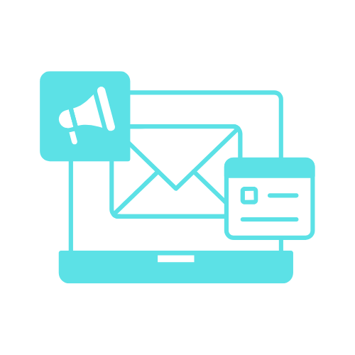 Email Marketing Automation Services Light blue icons of a megaphone, envelope, and computer monitor overlapping on a white background.