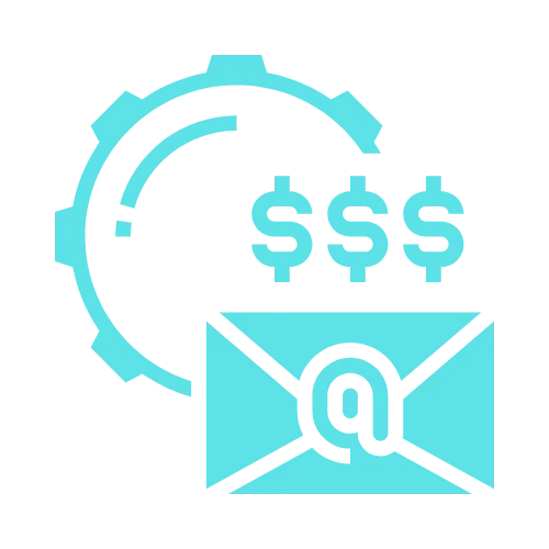 Light blue gear, dollar signs, and an envelope with an @ symbol highlight search engine optimization on gray background.