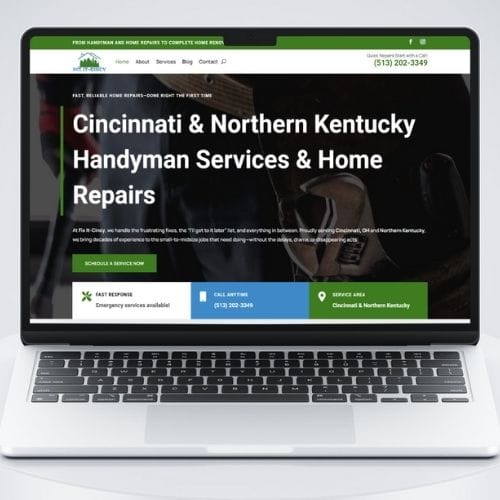 Fix it Cincy Portfolio PC A laptop displays a handyman service website for Cincinnati and Northern Kentucky, featuring contact info and service options.