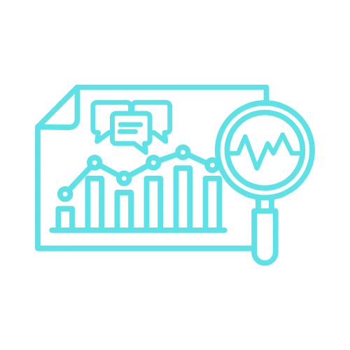 Blue line art shows a bar graph, speech bubbles, and a magnifying glass highlighting an SEO data trend.