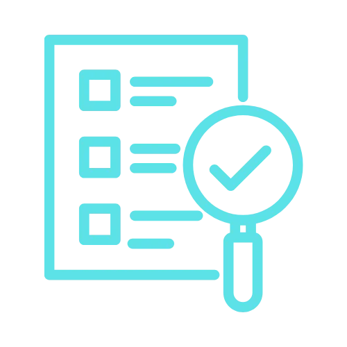 Light blue icon of a checklist with a magnifying glass, symbolizing search engine optimization approval.