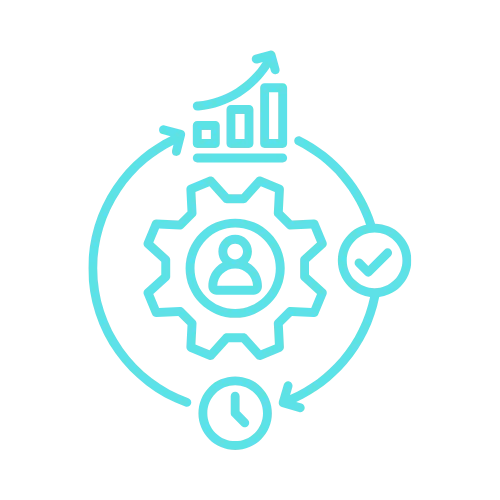 Blue icon showing a gear with user, clock, checkmark, and rising bar graph—perfect for digital marketing or SEO.