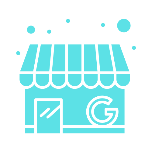 Google My Business Optimization Services Blue icon of a storefront with a striped awning and a large letter G on the front, with circles above.