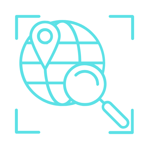 Google My Business Optimization and Local Map Pack Rankings Blue outline of a globe with a location pin and magnifying glass, surrounded by four corner brackets on a light background.