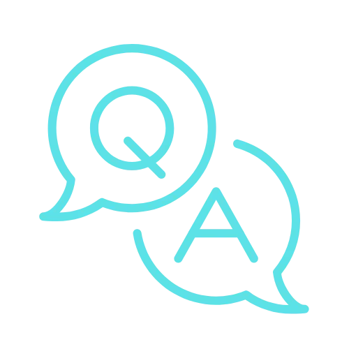 Two speech bubbles overlap; one holds Q and the other A in blue, echoing website and social media conversations.
