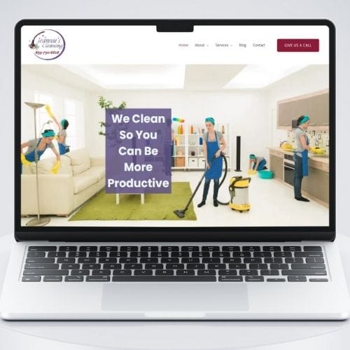Jeannies Cleaning Portfolio PC A laptop screen displays a cleaning service website with workers cleaning a modern living room and kitchen.