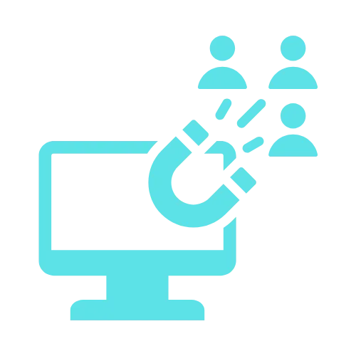A computer screen with a magnet attracting three people icons, symbolizing online customer engagement.