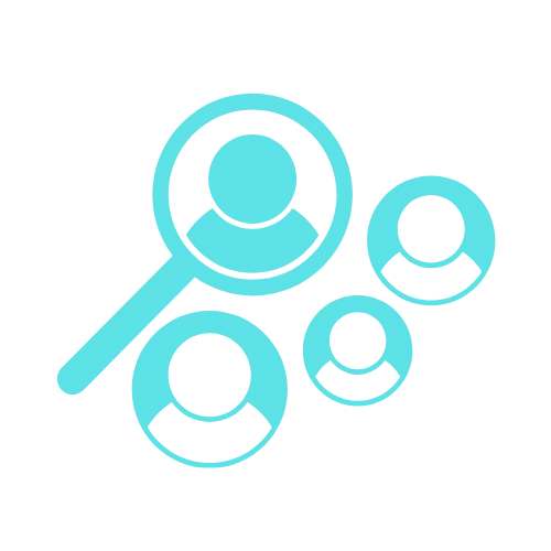 Four user icons with one under a magnifying glass, symbolizing social media user search or selection.