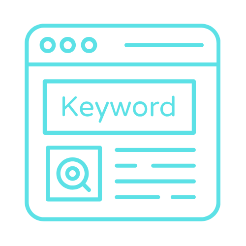 Local Keyword Research and Geographic SEO Targeting A web page outline with the word Keyword and a magnifying glass search icon in light blue lines.