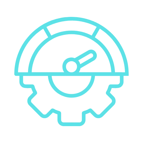 Light blue speedometer icon over a gear, symbolizing SEO performance, on a light gray background.