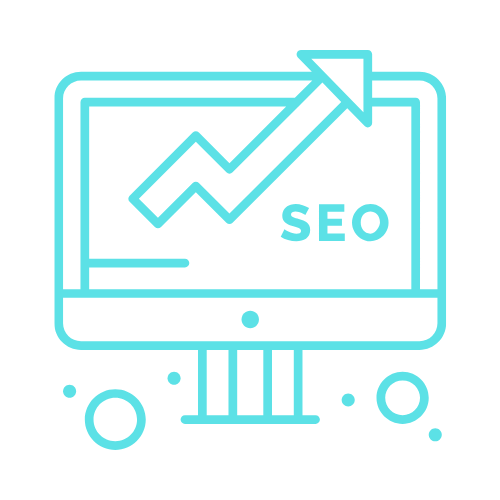 Local SEO Services Line drawing of a computer screen showing a rising graph, arrow, and the text SEO on the screen.