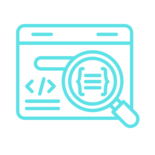 Local Schema Markup and Business Structured Data Light blue icon of a web browser window with code, and a magnifying glass highlighting code brackets.