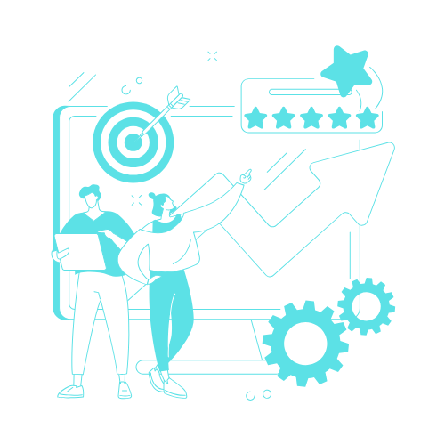 Online Reputation Management Services Two people stand by a target, five-star rating, upward arrow, and gears, symbolizing growth and achievement.