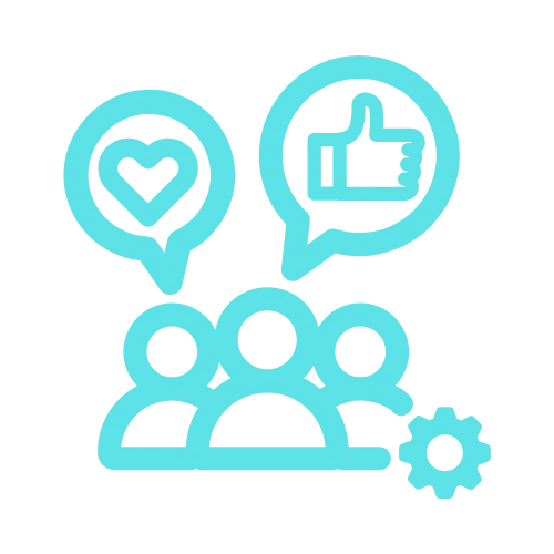 Three outlined people with speech bubbles and a gear icon, symbolizing website or social media engagement.