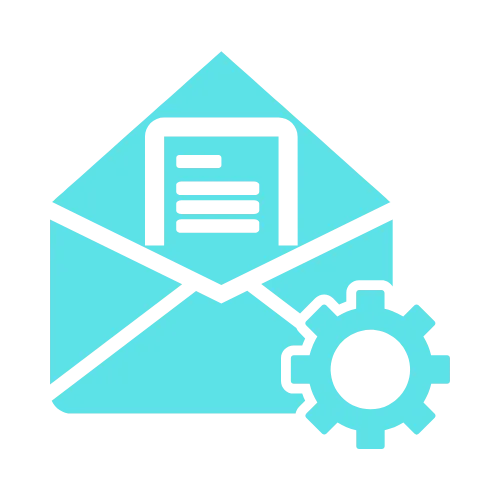 Blue icon of an open envelope with a document inside and a website gear symbol in the lower right corner.