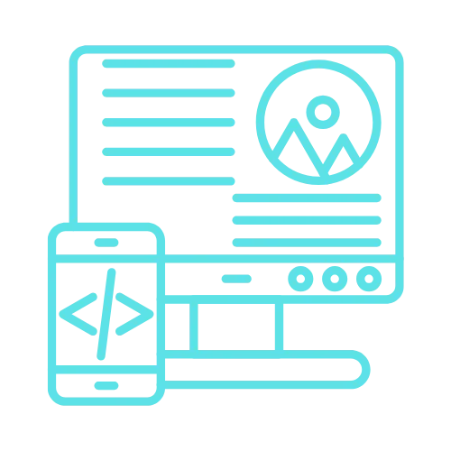 Blue line art of a computer and smartphone highlights digital marketing and SEO tools on screen.