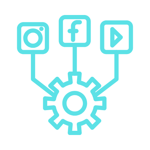 Social Media Marketing Management Blue icons of Instagram, Facebook, and YouTube connected by lines to a central gear symbol, suggesting social media integration.